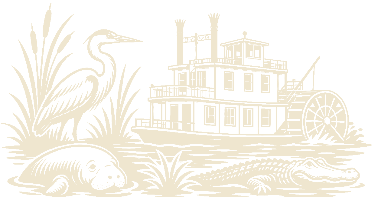 The Land Remembered emblem: a great blue heron, a sternwheeler, a manatee and an alligator