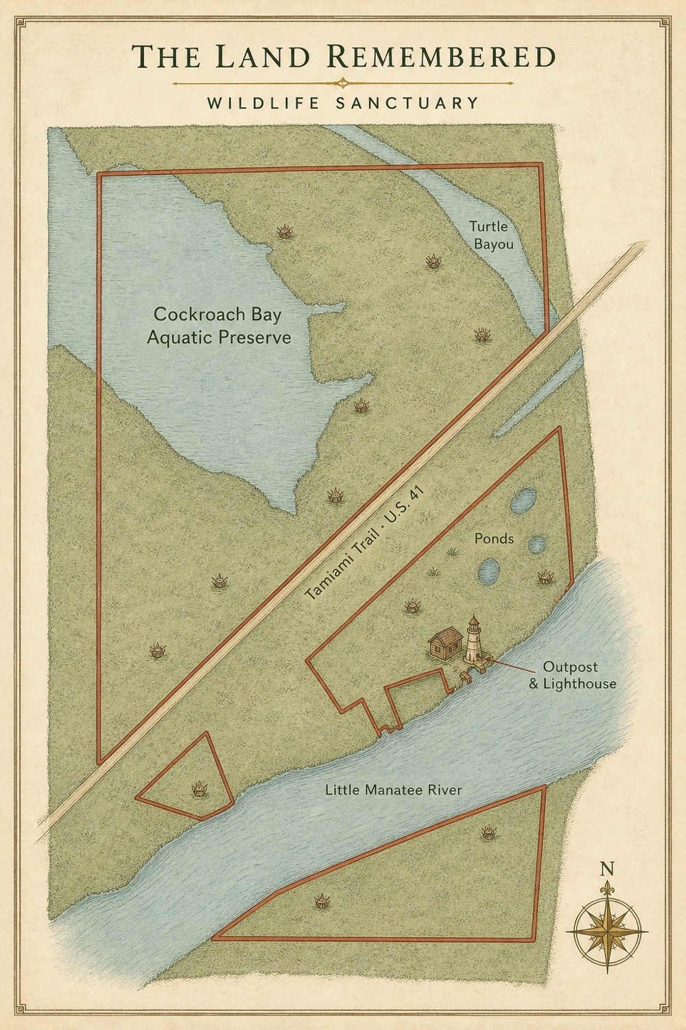 Illustrated map of The Land Remembered Wildlife Sanctuary showing the Tamiami Trail, the Little Manatee River, Cockroach Bay Aquatic Preserve, Turtle Bayou, the ponds, and the outpost and lighthouse
